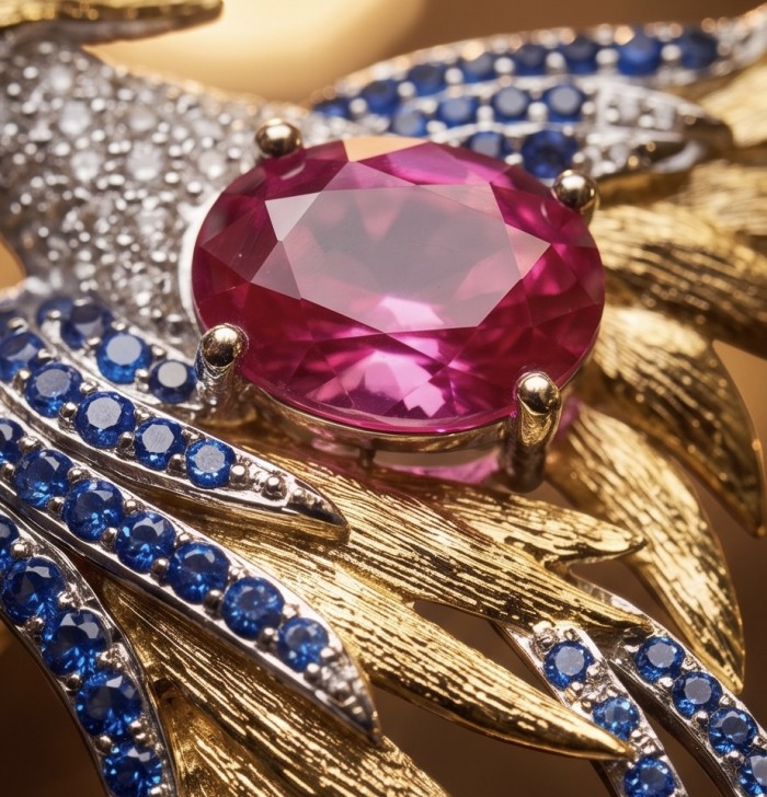Colorful Precious Exotic Bird 5.2 Ruby 1.8 carat pave Sapphire 2 tones .925 Sterling Silver Pendant Brooch - Close-up of colorful exotic bird jewelry with ruby and sapphires.