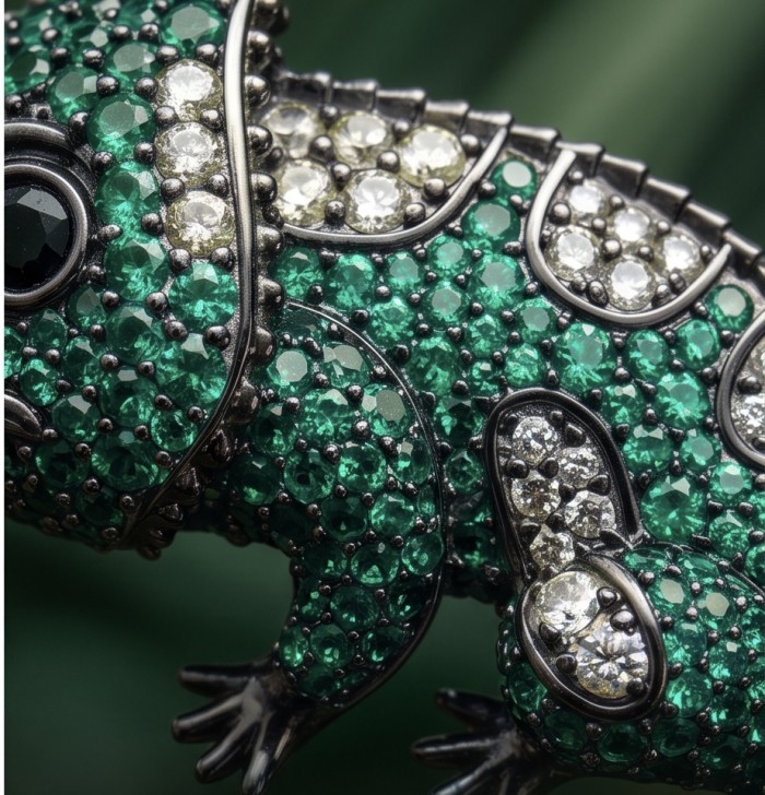 Spectacular - Chameleon Lizard 7.2 carat Tsavorite Garnet black rhodium over .925 Sterling Silver handmade Brooch - Close-up of chameleon lizard jewelry with green and white gemstones
