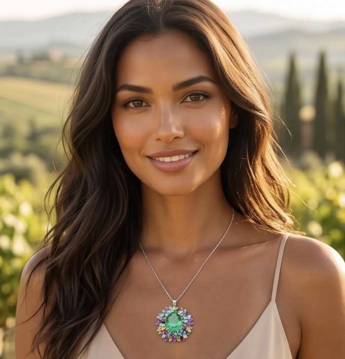 Blooming Spring 38.9 carat authentic Himalayan Peridot rhodium over .925 Sterling Silver handmade Pendant - Brooch - Model wearing Blooming Spring Himalayan Peridot necklace outdoors