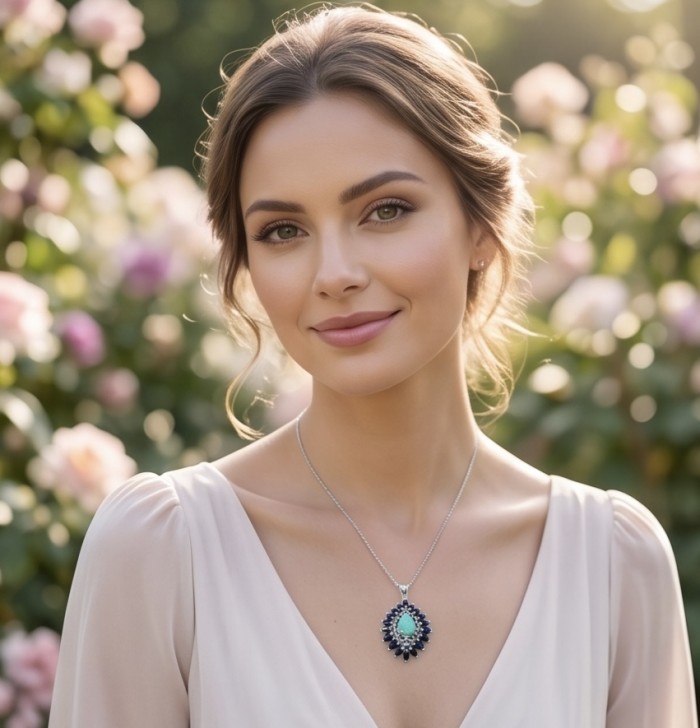 Amazonia - 18.8 carat Colombian Emerald .925 Sterling Silver handmade Statement pendant - Woman wearing jewelry, front view; Amazonia emerald necklace.