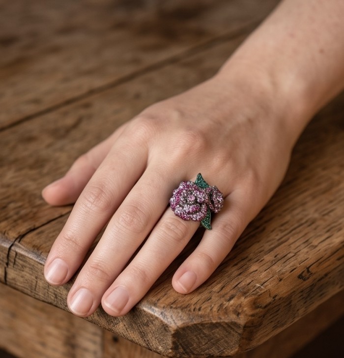 Wild Roses Authentic 3.5 carat pave Ruby 1.9 carat Emerald .925 Sterling Silver brilliantly dipped in black rhodium handcrafted Statement ring; s. 8 1/4 - Wild Roses ring with rubies and emeralds, worn on hand, top view.
