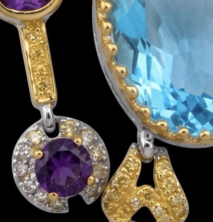 New Age Friend 40.2 carat GEMSTONES 18k Gold over .925 Sterling Silver dipped in Rhodium handmade Pendant - Close-up of 18k gold and gemstone details on New Age Friend jewelry.