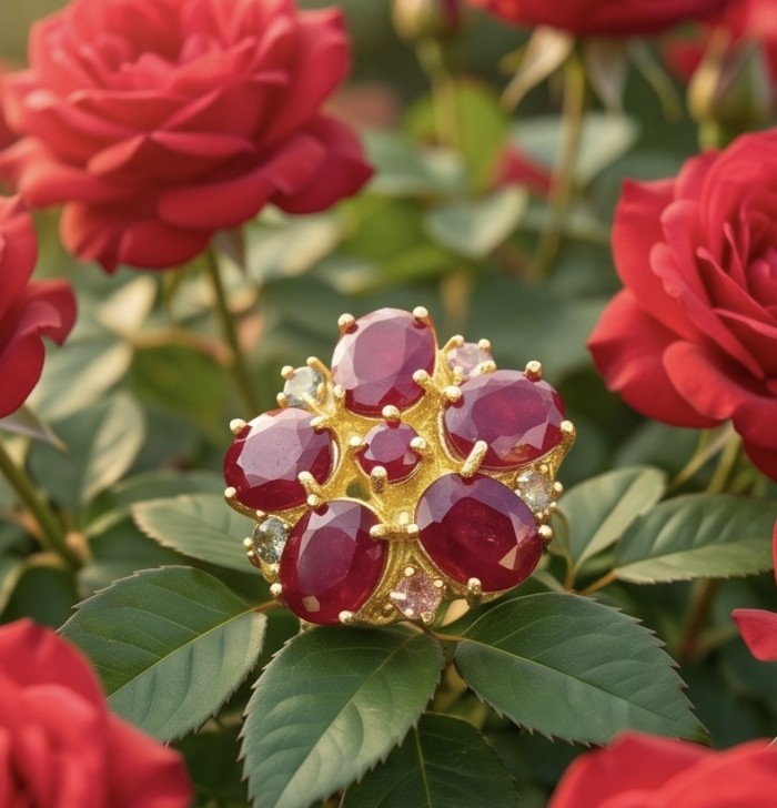 Blooming Garden Genuine 24.5 carat Kashmir Ruby .925 Sterling Silver dipped in 22K Gold Large Statement Ring size 6 3/4 - Ruby jewelry nestled among red roses, close-up view