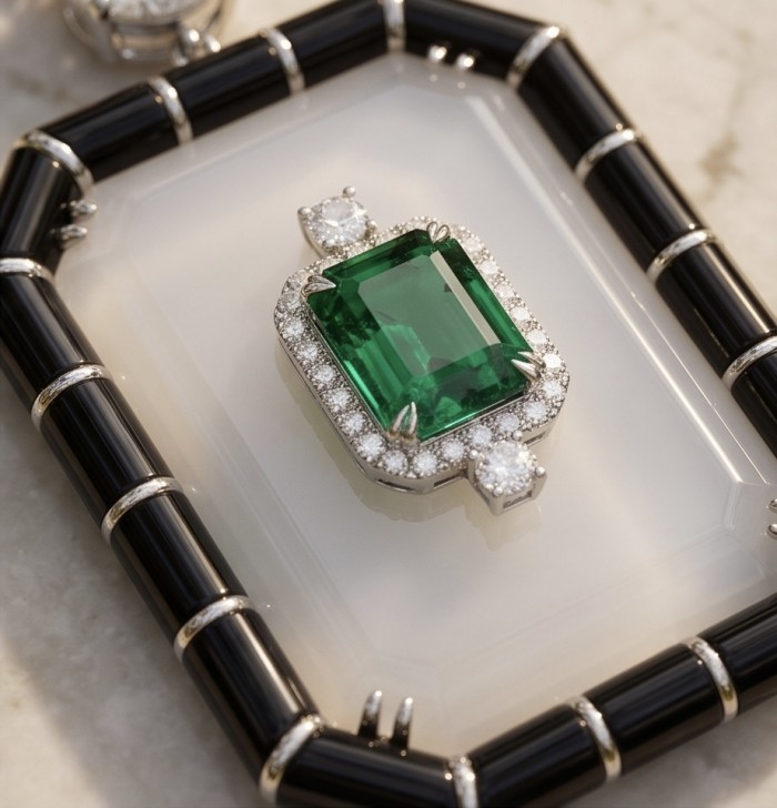 Art Deco - 10.4 carat Emerald Onyx rhodium over .925 Sterling Silver handmade Statement necklace; 32 inches long - Emerald onyx pendant close-up with diamond accents on a flat surface