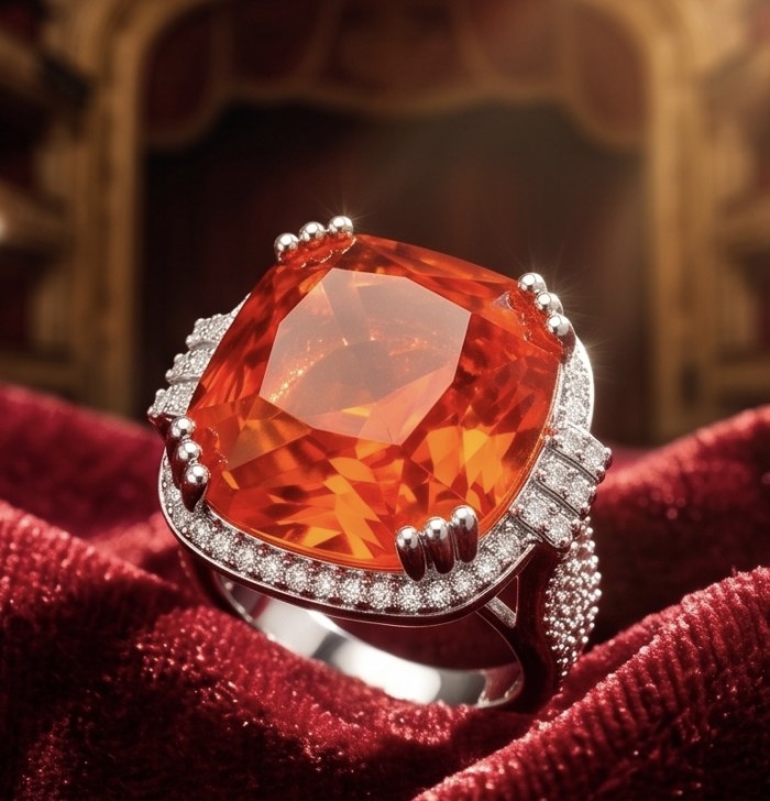 Vivid Energy 19.4 ctw Red Topaz .925 Sterling Silver handcrafted Statement Ring size 7 - Close-up of Vivid Energy Red Topaz ring in sterling silver.