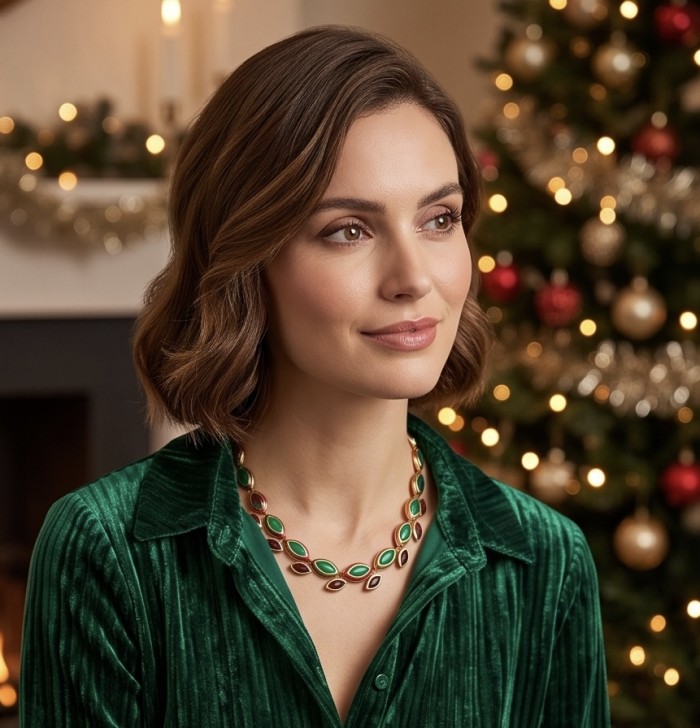 Outstanding - Red Rose - Authentic 28.2 carat Colombian Emerald Kashmir 24.8 carat Ruby Enamel 22K Gold over .925 Sterling Silver handcrafted necklace - Worn green and red necklace, side view with festive background.