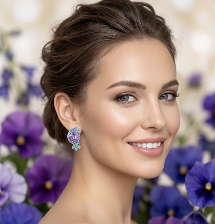 RARE BEAUTY! Valentina 18.9 carat Amethyst .925 Sterling Silver dipped in rhodium Statement handcrafted earrings - Woman wearing Valentina 18.9 ct Amethyst earrings, side view.