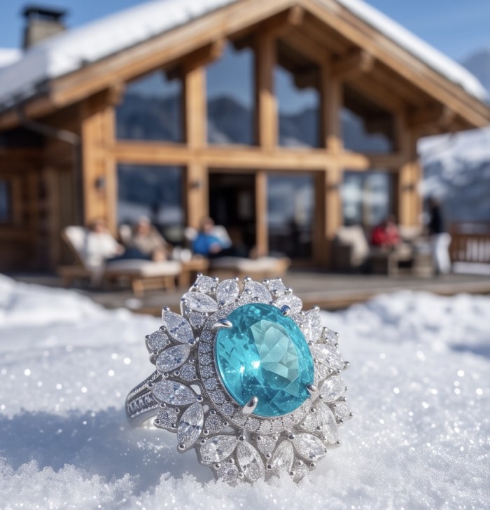 Elizabeth 6.4 carat Paraiba Tourmaline 7.2 carat Moissanite .925 Sterling Silver Handcrafted Ring size 6 - Close-up of Paraiba Tourmaline ring with moissanite in snowy chalet setting.