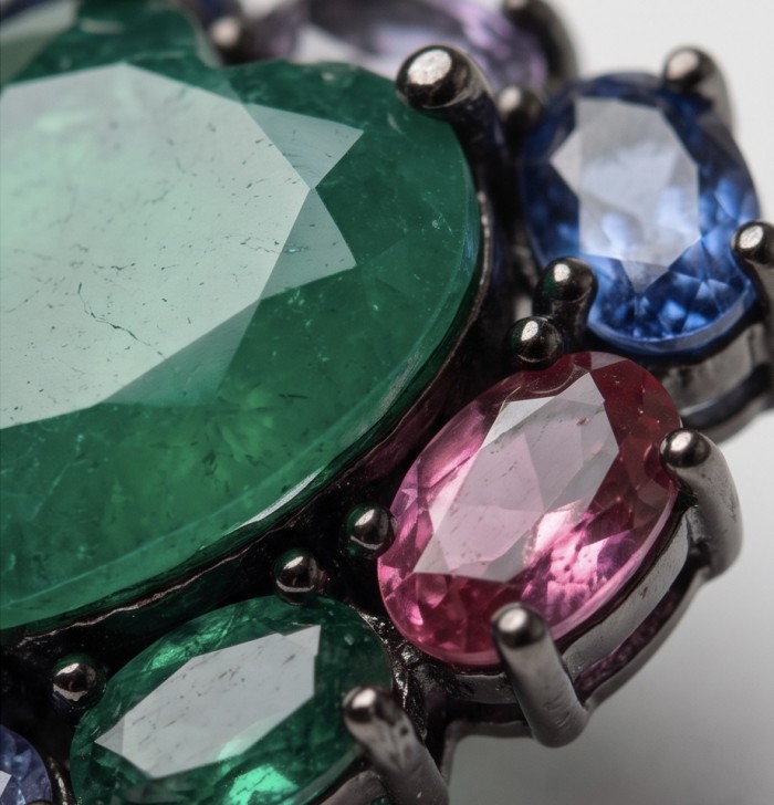 Love is Forever 6.2 carat Colombian Emerald .925 Sterling Silver dipped in black rhodium handmade Statement Earrings - Close-up of colorful gemstones in sterling silver setting.
