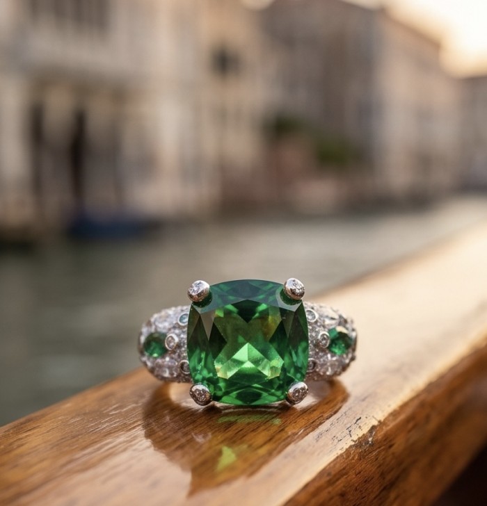 Isabella 8.2 carat Colombian Emerald .925 Sterling Silver dipped in Rhodium handcrafted Ring size 8 - Close-up of Isabella 8.2 carat Colombian Emerald ring on a wooden surface