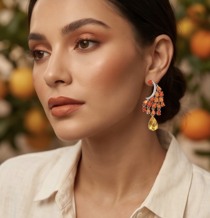 Valentina 3.9 carat Natural Fire Opal 4.9 carat Citrine rhodium over .925 Sterling Silver handcrafted earrings - Side view of Valentina earrings with fire opal and citrine, worn on ear.