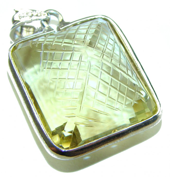 Vintage Style carved 55.2 carat Lemotrine .925 Sterling Silver handmade Pendant - photo 1