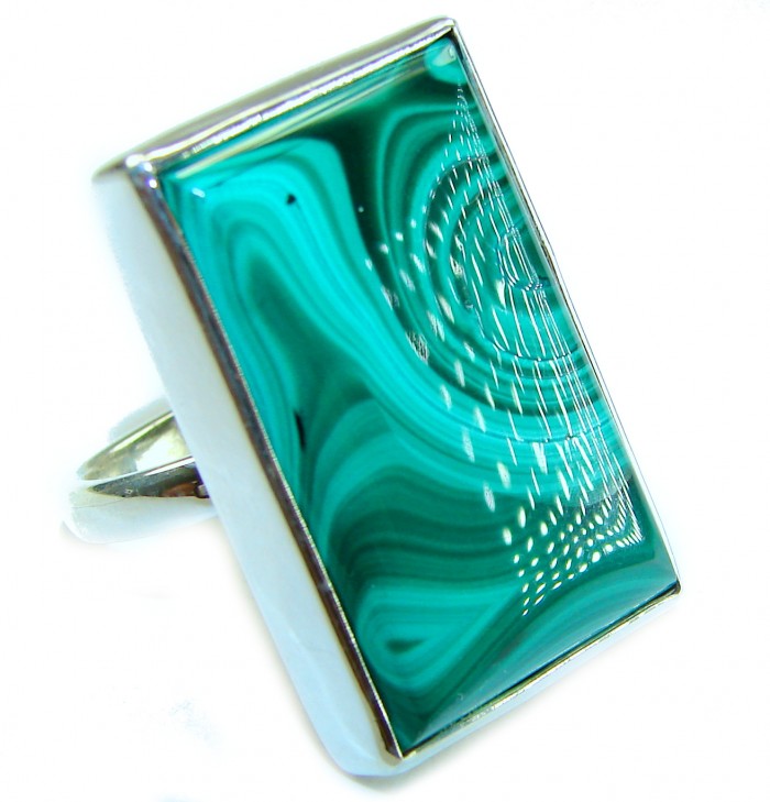 genuine inlay Malachite .925 Sterling Silver handcrafted ring size 7 adjustable - Close-up of a rectangular Malachite ring in sterling silver setting.