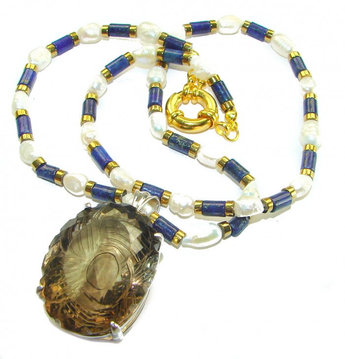 Truly Outstanding LARGE carved Smoky Topaz 14k Gold over .925 Sterling Silver handcrafted Statement necklace - Necklace with carved smoky topaz and pearls, gold clasp detail view