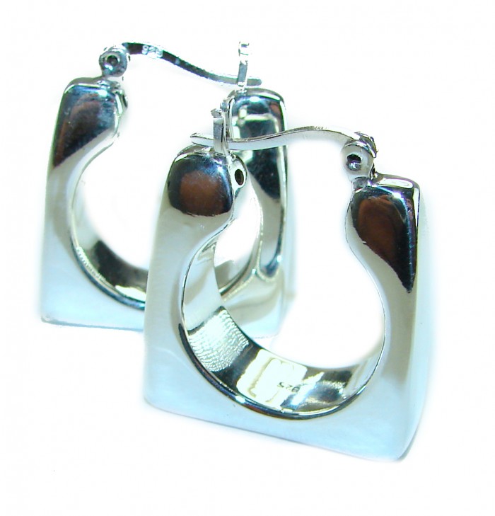 LARGE - EXTRAVAGANZA - Highly Polished Fancy .925 Sterling Silver Italy made Earrings - Square hoop earrings, highly polished, angled side view.