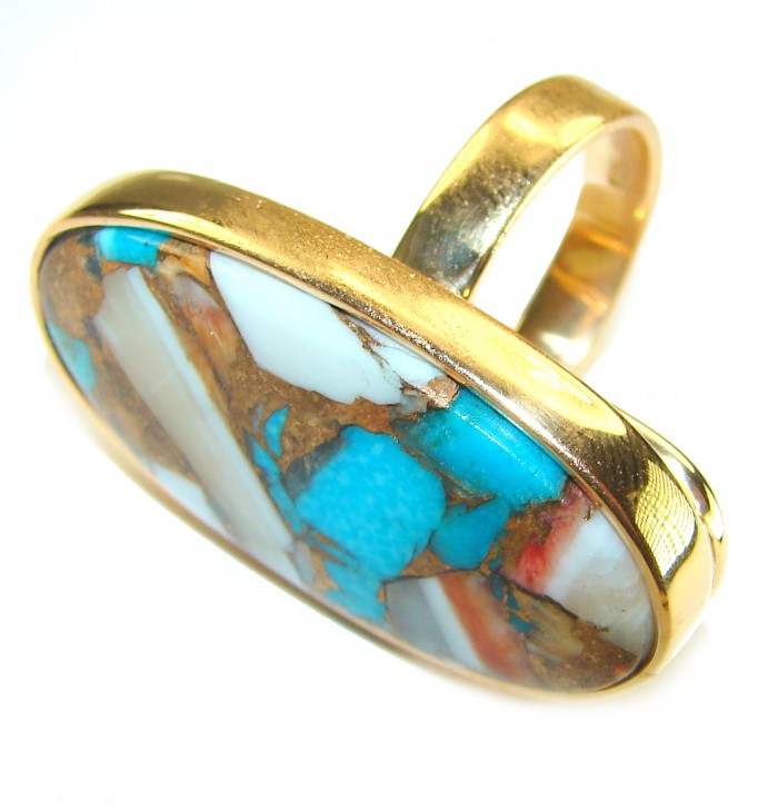 Rare 29.5 carat Oyster Turquoise 18K Gold over .925 Sterling Silver handcrafted Large ring; s. 7 adjustable - Close-up of rare 29.5 ct oyster turquoise ring with gold over sterling.