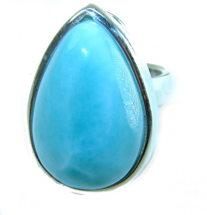 Caribbean Beauty 20.5 carat Genuine Blue Larimar .925 Sterling Silver handmade LARGE ring size 7 adjustable - Close-up of Caribbean Beauty blue Larimar ring in sterling silver.