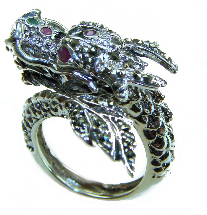 Reclaim your Power Authentic Marcasite .925 Sterling Silver Handcrafted Large Ring size 7 - Side view of dragon-shaped sterling silver ring with marcasite detail.