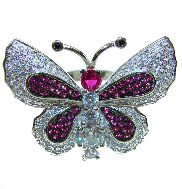 Precious Butterfly Genuine 10.5 carat Ruby .925 Sterling Silver handmade LARGE Statement Ring size 7 1/2 - Front view of butterfly ring with ruby and crystal details.