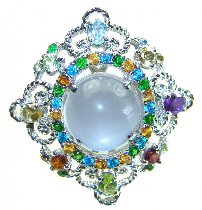 Celtic Spirit authentic fancy cut 11.5 carat Rose Quartz .925 Sterling Silver handcrafted Statement Ring s. 7 - Colorful gemstone brooch, top view, featuring central Rose Quartz stone.