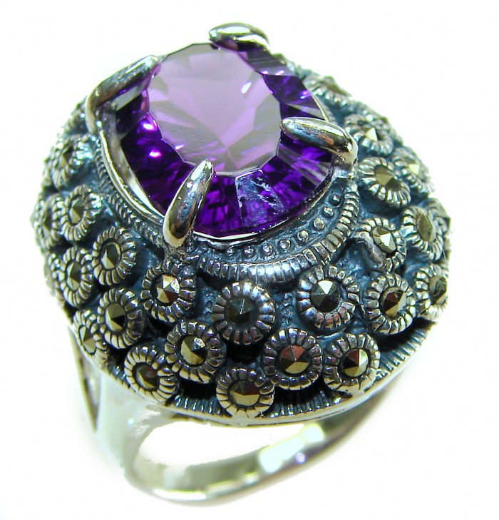 Purple Odyssey 20.5 carat Purple Amethyst .925 Sterling Silver Handcrafted Ring size 7 - Close-up of Purple Odyssey ring with amethyst and marcasite details.