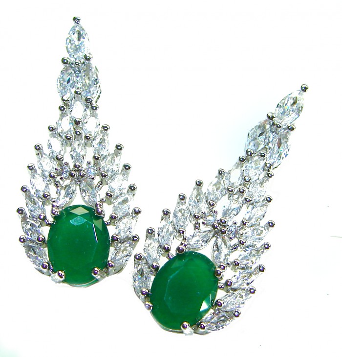 Sofia - Authentic 7.9 carat Emerlad .925 Sterling Silver handcrafted earrings - Elegant earrings featuring emerald and marquise-cut stones, front view.