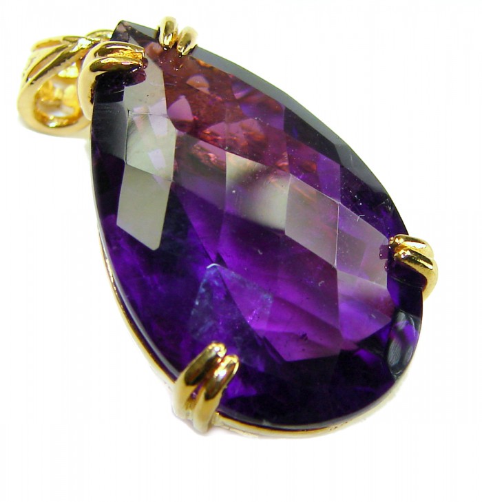 Mademoiselle - 18.5 carat natural Amethyst .925 Sterling Silver dipped in 22K White Gold handcrafted Pendant - Close-up of teardrop amethyst pendant with gold prongs.