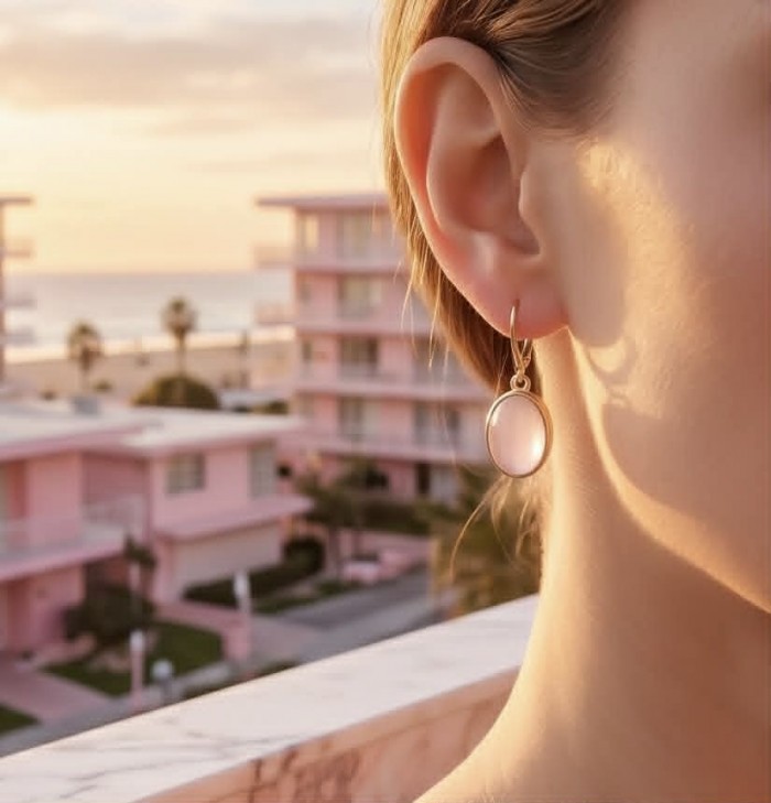 Authentic 10.2 carat Rose Quartz 18K Gold over .925 Silver handcrafted Statement earrings - Earring worn close-up, Rose Quartz in 18K gold over silver.