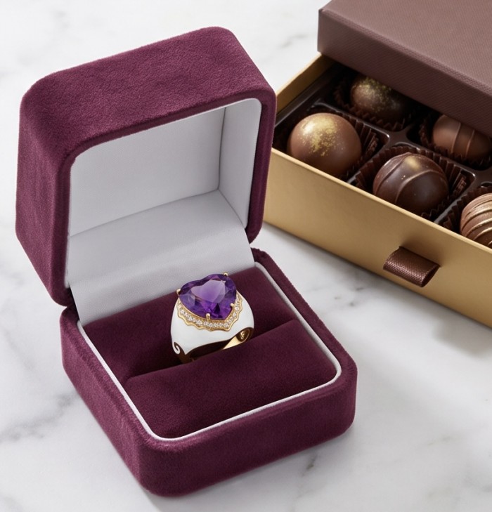 Lavender Love 10.5 carat natural Amethyst Enamel 22K Gold over .925 Sterling Silver Handcrafted Ring size 7 1/2 - Ring in velvet box with chocolates; top view, focus on amethyst stone.