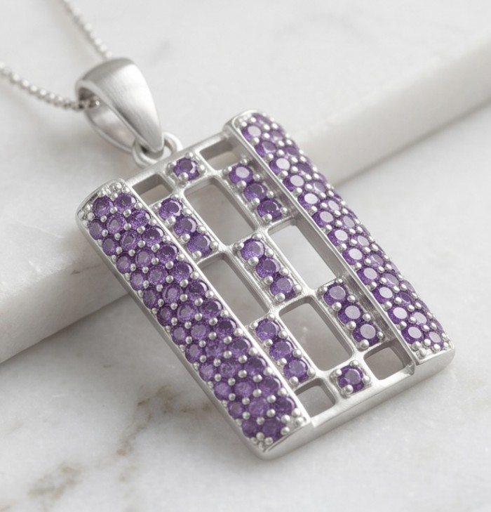Sofia 14.5 carat Brazilian Amethyst .925 Sterling Silver handmade Pendant - Rectangular pendant with purple stones, top view.