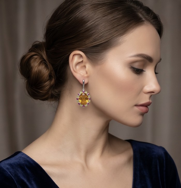 Floral design 24.2 carat Green Topaz rhodium over .925 Sterling Silver handcrafted earrings - Side view of 24.2 carat Green Topaz earrings worn on woman's ear