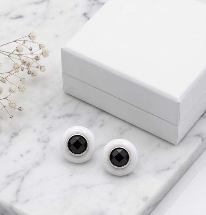 Black and White Authentic Agate .925 Sterling Silver handmade earrings - Black and White Agate Silver Earrings on Marble with Box, side view.