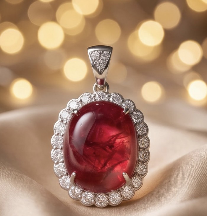 Rare finding! Deluxe 57.2 carat authentic Kashmir Ruby rhodium over .925 Sterling Silver handmade Statement Pendant - Close-up of deluxe 57.2 carat Kashmir ruby pendant with diamond accents