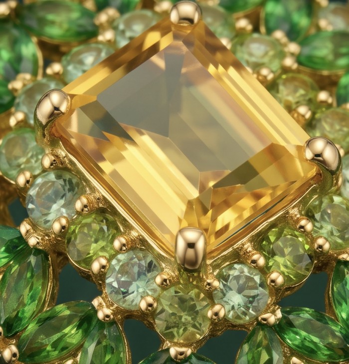 Emily 10.2 carat Brazilian Citrine Tsavorite Garnet .925 Sterling Silver dipped in real 22K Gold handcrafted ring; s. 8 - Close-up of citrine and tsavorite garnet centerpiece in gold setting