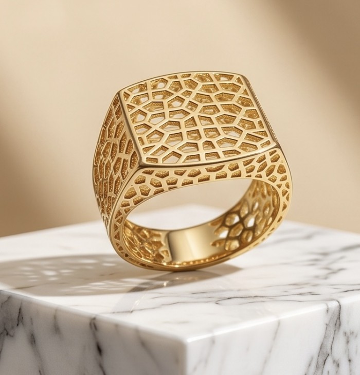 Dubai Style - signet ring - .925 Sterling Silver dipped in 22K Gold handmade Large ring size 9 - Gold-patterned signet ring on marble, side view.