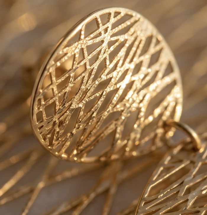 Dubai Style - .925 Sterling Silver dipped in 22K Gold handmade Earrings - Close-up of gold-patterned jewelry in Dubai style, intricate detail.