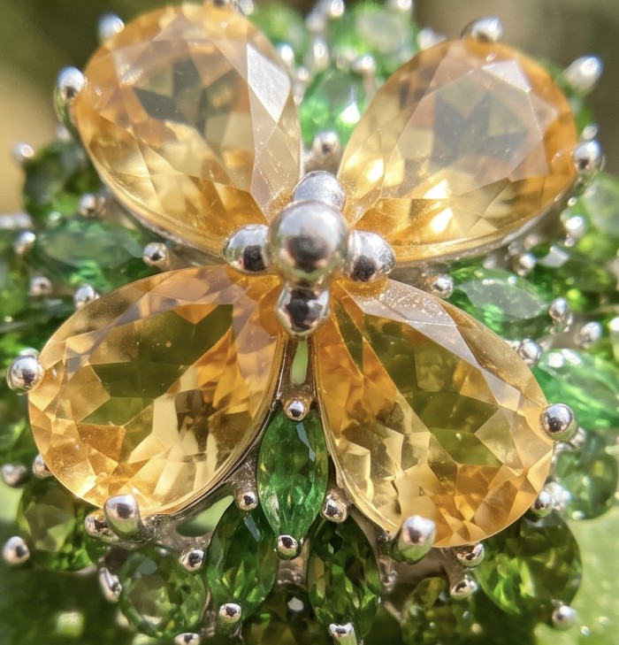 Vivien Luxurious Style - Natural 19. 2 carat Citrine .925 Sterling Silver dipped in rhodium handcrafted Statement ring; s. 8 - Close-up of Vivien ring, featuring citrine and green stones in silver setting.