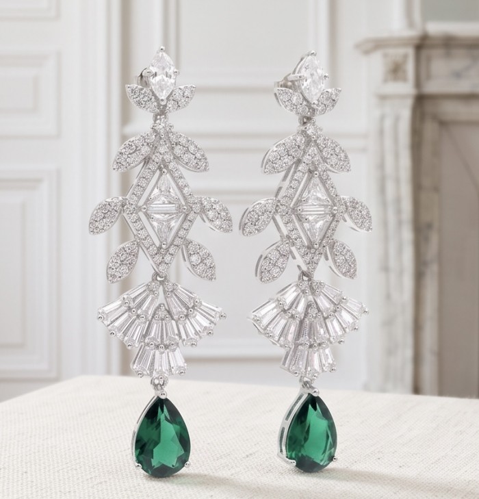 Giovanna - Authentic 4.9 carat COLOMBIAN EMERALD .925 Sterling Silver handcrafted Statement earrings - Earrings with emerald drops, intricate silver design, front view.