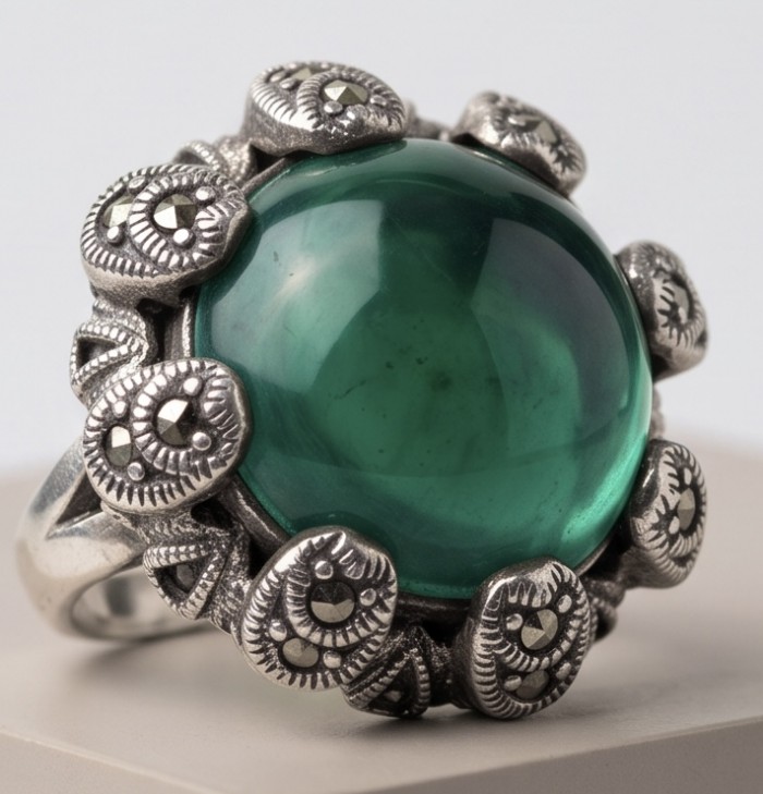 Amazonia - Spectacular 29.2 carat Travorite Garnet .925 Sterling Silver Ring size 7 - Close-up of Amazonia ring with 29.2 carat green garnet and .925 silver.
