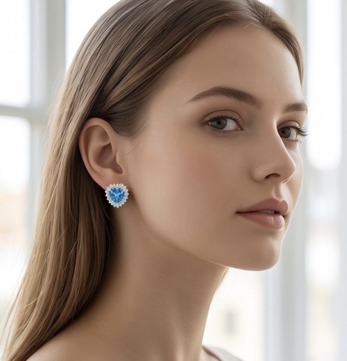 Heartes 6.7 carat Swiss Blue Topaz .925 Sterling Silver Handcrafted earrings - Earring worn on woman, side view showing Swiss Blue Topaz detail