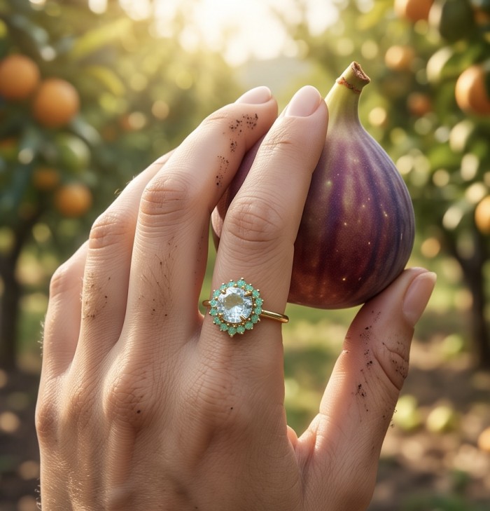 Natural 4.9 carat Green Amethyst 18K Gold .925 Sterling Silver handmade Statement Ring size 8 - Ring on hand holding fig, 4.9ct Green Amethyst, 18K Gold, natural setting.