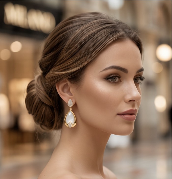 Top quality Sublime Blister Pearl 22K Gold over .925 Sterling Silver handcrafted Earrings - Side view of Sublime Blister Pearl earrings worn on model