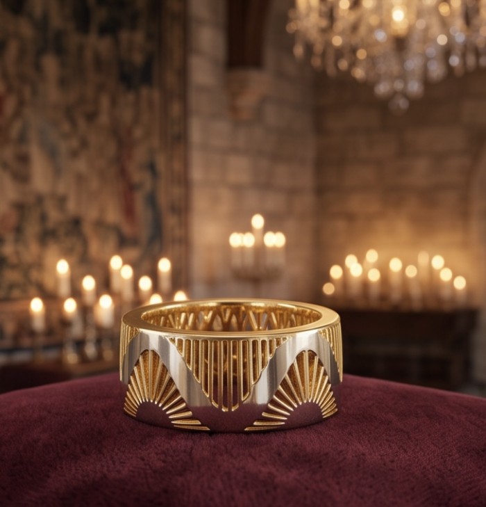 Secret code Precious Natural 18K Gold over .925 Sterling Silver Women ring size 11 - 18K Gold over Sterling Silver ring, front view, on burgundy fabric.