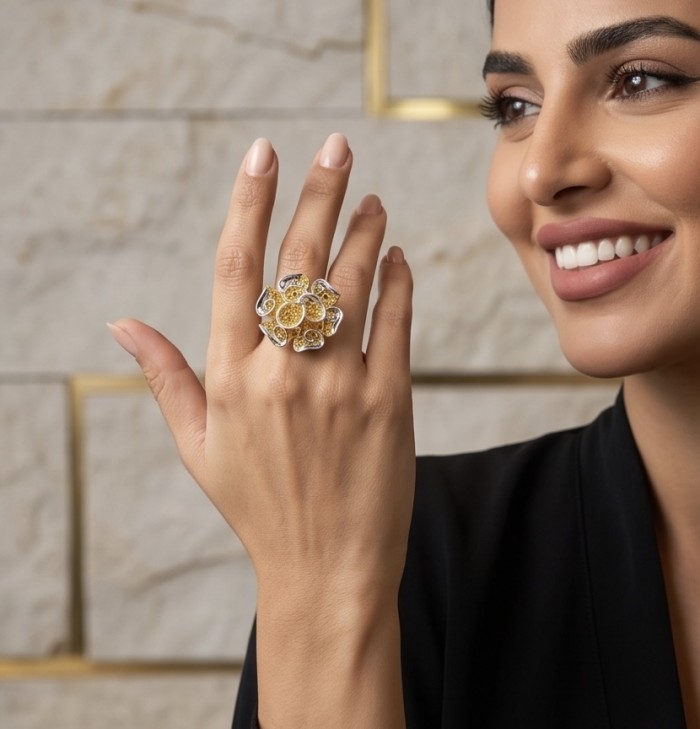 GOLDEN ROSE- Dubai Style - .925 Sterling Silver dipped in 22K Gold handmade Large ring size 8 - Ring worn on hand, featuring GOLDEN ROSE design in sterling silver