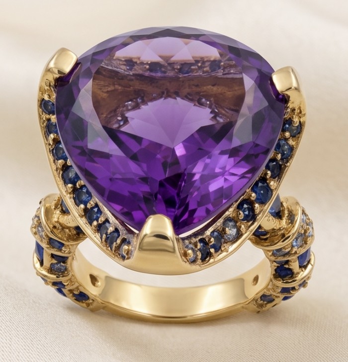 Giuseppina - Authentic 25.5 carat Amethyst Sapphire 22k Gold over .925 Sterling Silver handcrafted Statement Ring size 6 - Amethyst and sapphire gold ring, close-up angle.