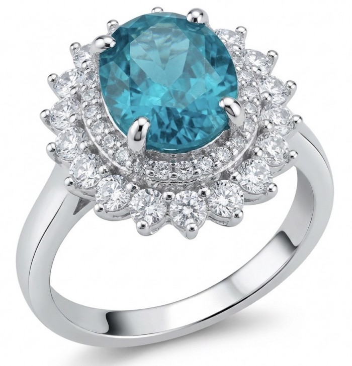 WONDERLAND 4.8 carat Paraiba Tourmaline .925 Sterling Silver Handcrafted Ring size 7 1/4 - Paraiba Tourmaline ring stone close-up, sterling silver, diamond accents