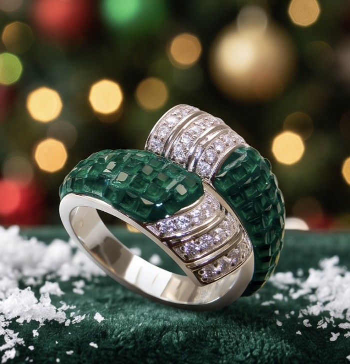 Precious Emerald bow- mystery setting authentic 16.2 carat Emerald .925 Sterling Silver Eternity Ring size 7 1/2 - Close-up of emerald and diamond ring with bokeh background