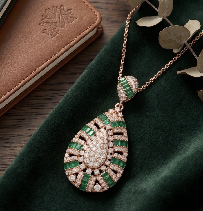 Isabella 4.2 carat oval cut Emerald 18K Rose Gold .925 Sterling Silver Perfectly handcrafted pendant - Emerald necklace on green cloth, close-up detay of pendant.