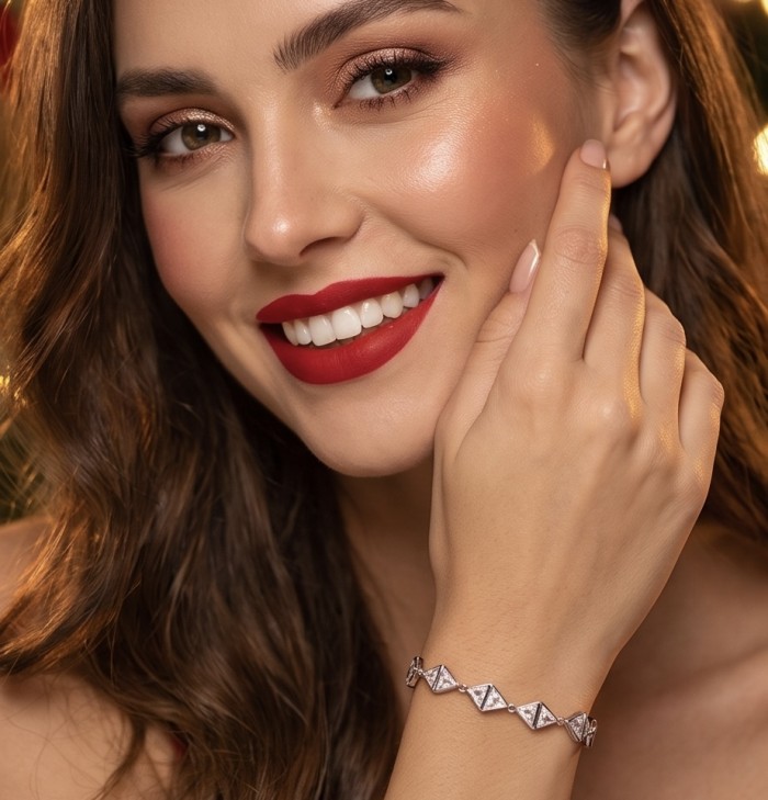 Vittoria Natural 12.8 carat White Topaz Rhodium over .925 Sterling Silver handmade Statement Bracelet - White Topaz bracelet worn on wrist, close-up view.