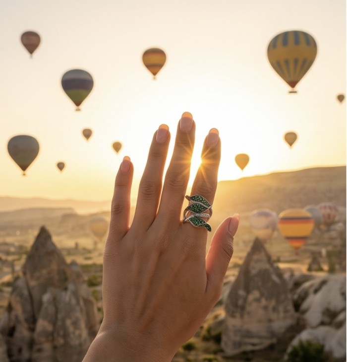Precious pave authentic 10.2 carat Emerald .925 Sterling Silver Ring size 7 - Emerald ring worn on hand with hot air balloons in the background.